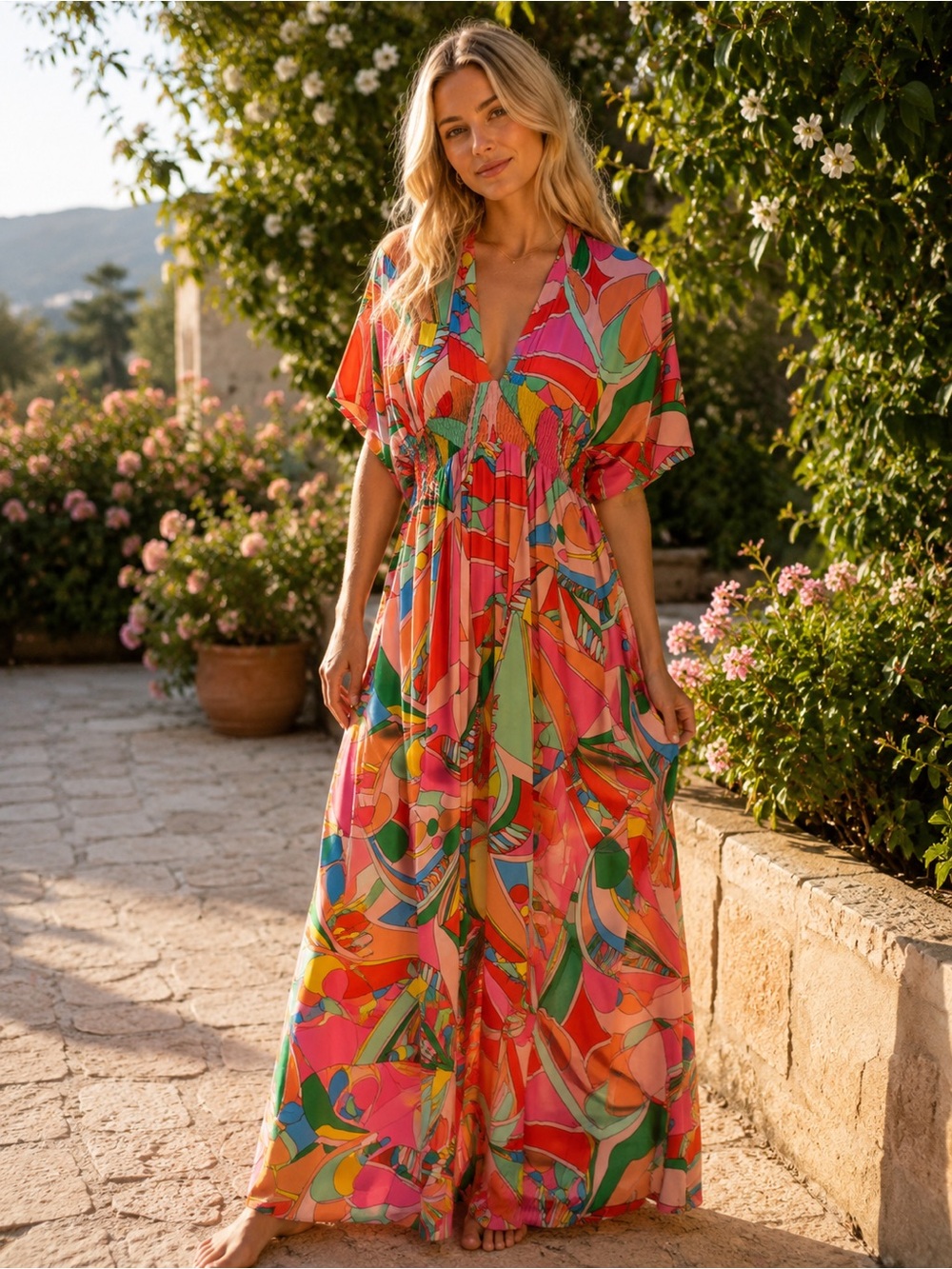 Olivaceous Multicolor Abstract Print Maxi Dress - Pink, Orange, Green, Yellow